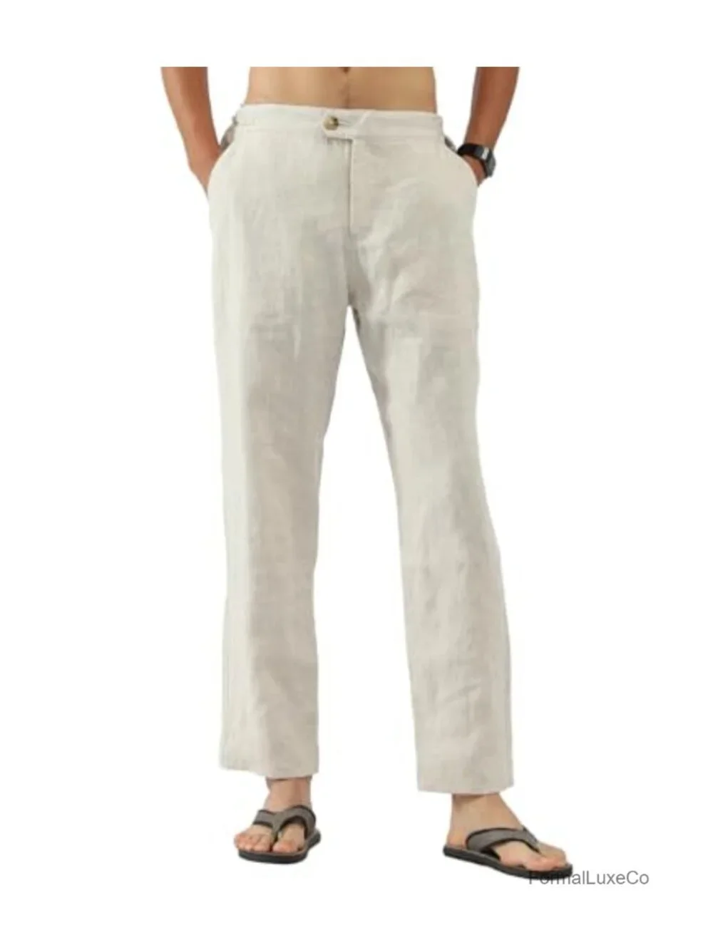 Men's 100% Linen Tapered Casual Pants Side Tab Adjustable Waist 4 Pockets